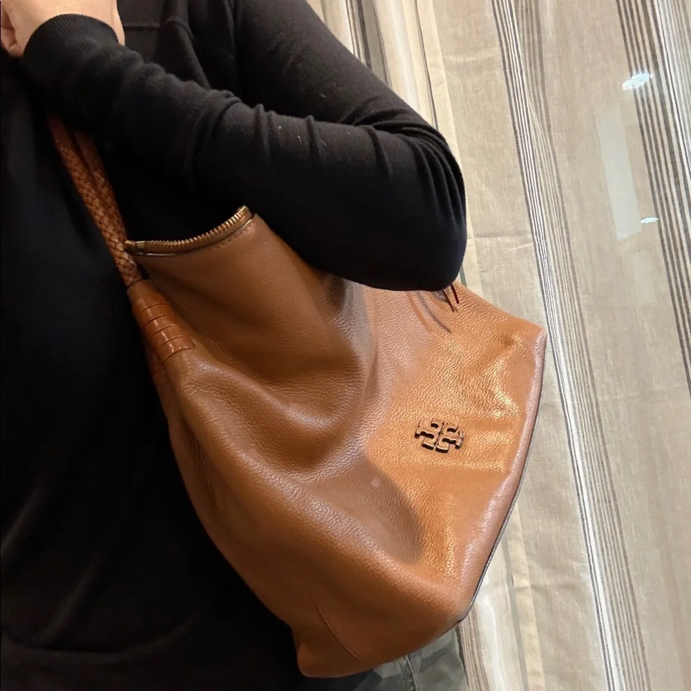 Tory Burch Cognac Leather Hobo with Braided Handle and Tassel